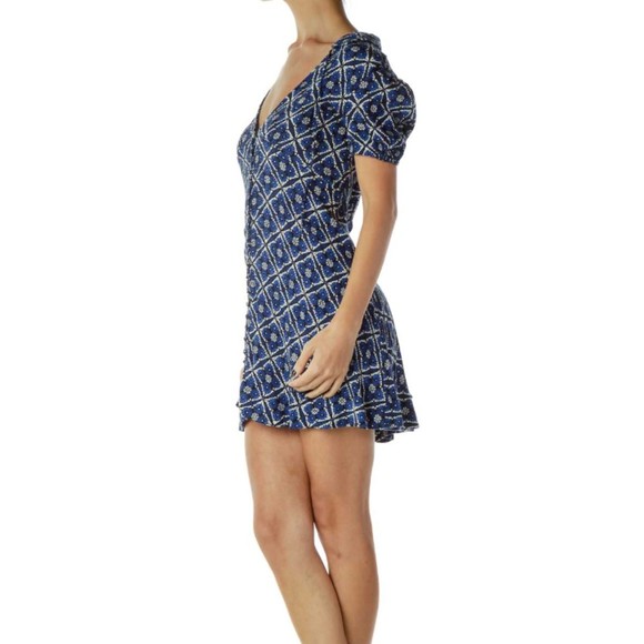 Free People Blue White Geometric Boho Mini Day Dress Button Up Size 0 - Picture 7 of 10
